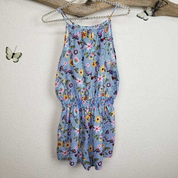 Aqua floral striped romper short - Picture 4 of 6
